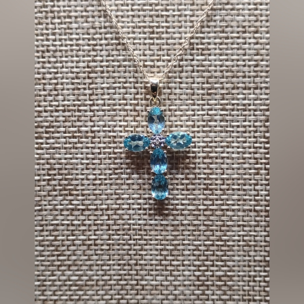 Elegant Blue Topaz & 14k Gold Cross Pendant Necklace